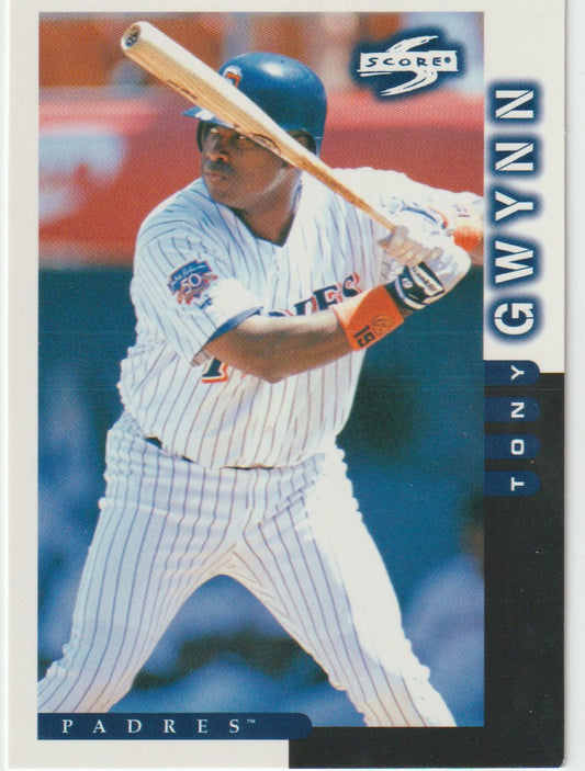 Baseball trading card of a player in a striped uniform with a bat, featuring the 'Scores' brand.