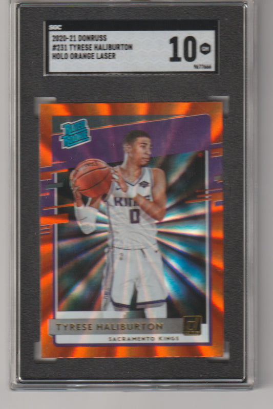 Basketball trading card of Tyrese Haliburton with a colorful border on a gray background