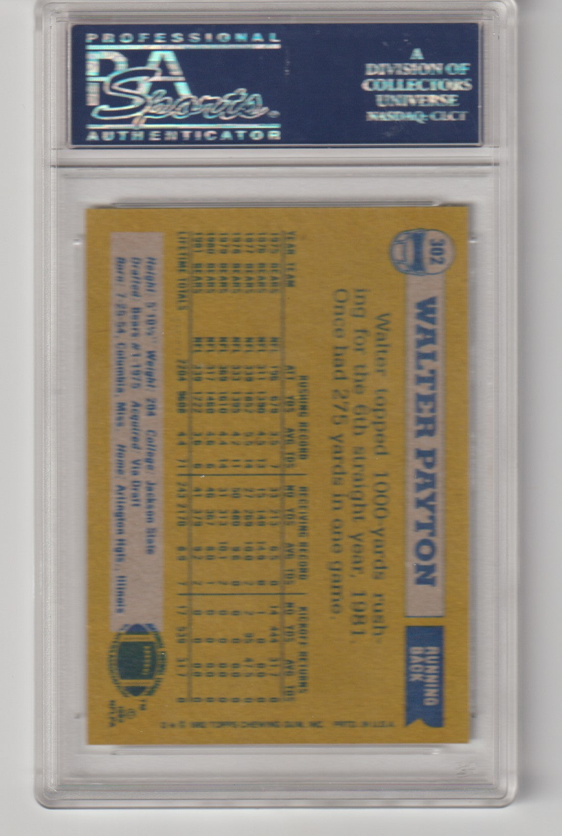 Back of vintage football card featuring Walter Payton showing stats and PSA label