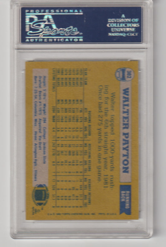 Back of vintage football card featuring Walter Payton showing stats and PSA label