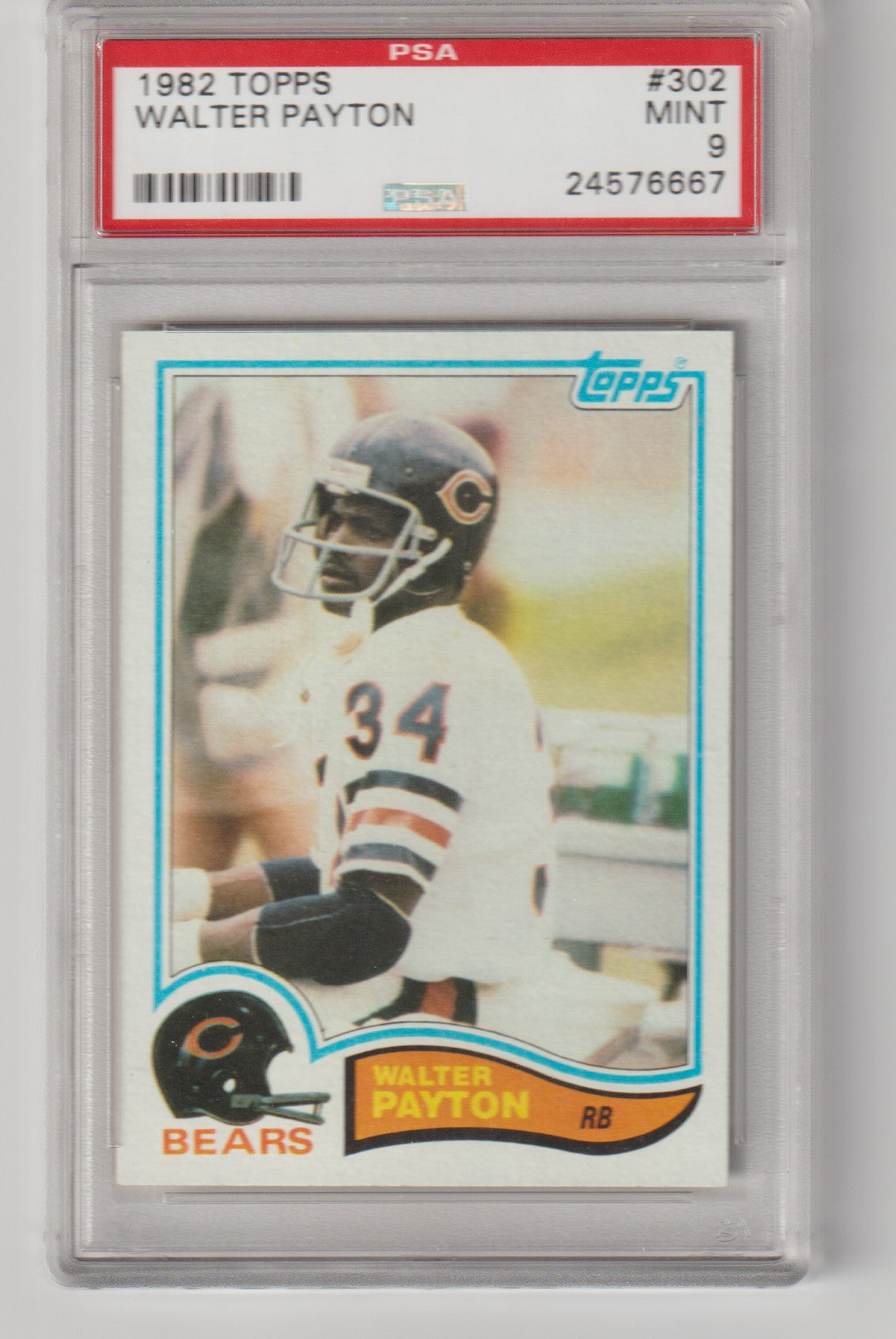 Vintage football card featuring Walter Payton in Bears uniform encased in PSA slab