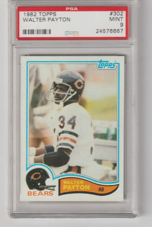 Vintage football card featuring Walter Payton in Bears uniform encased in PSA slab